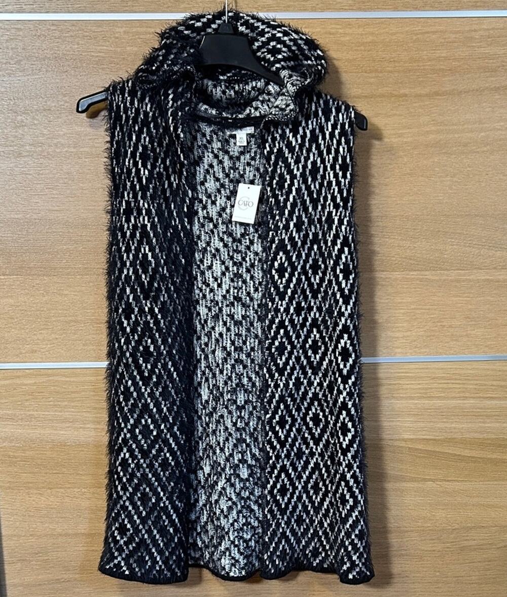 NEW Cato Hooded Sleeveless Long Cardigan women’s Sz XS Black & White open front